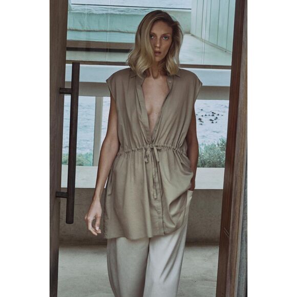 Khaki Brown Zara Collared Button Down Drawstring Waist Sleeveless Tunic Top, NWT - Picture 4 of 6